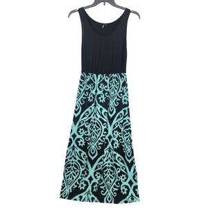 Zattcas Sleeveless Maxi Dress Size L Black Teal Damask Print Boho Beach Vacation